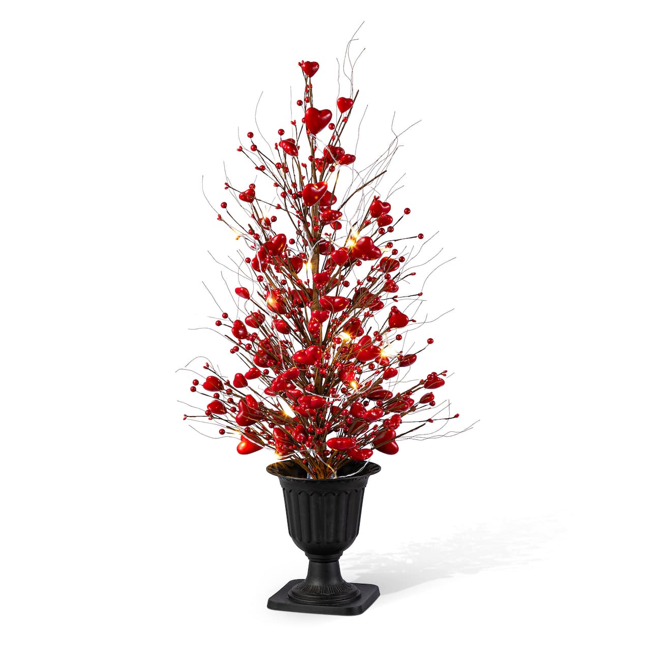 Glitzhome® 36" Valentine's Lighted Red Berry Heart Urn Porch Tree with Timer